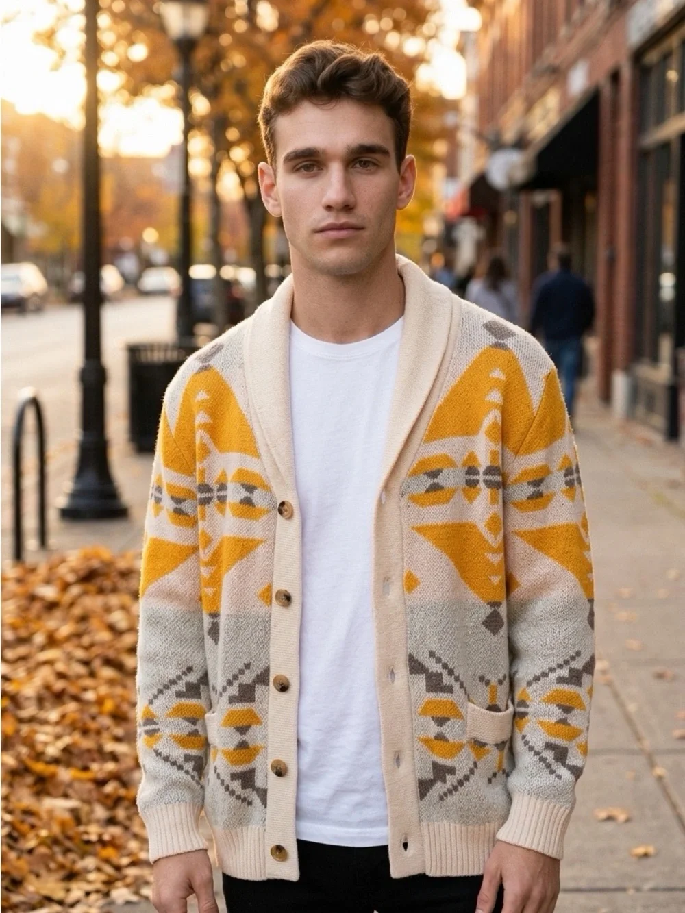 Men's NWOT Shawl Collar Long Sleeve Cardigan Sweater in Orange and Cream M